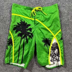 Hawk Mens Surf Board Shorts Size L Green Tropical Palm Mesh Lined Drawstring